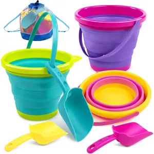 Foldable Beach Bucket Set - 3 Packs Collapsible Toy Buckets with Shovels and Mesh Backpack for Kids Toddlers Party, Camping Gear, Travelling, Fishing Water Pail (Pink/Purple/Green)