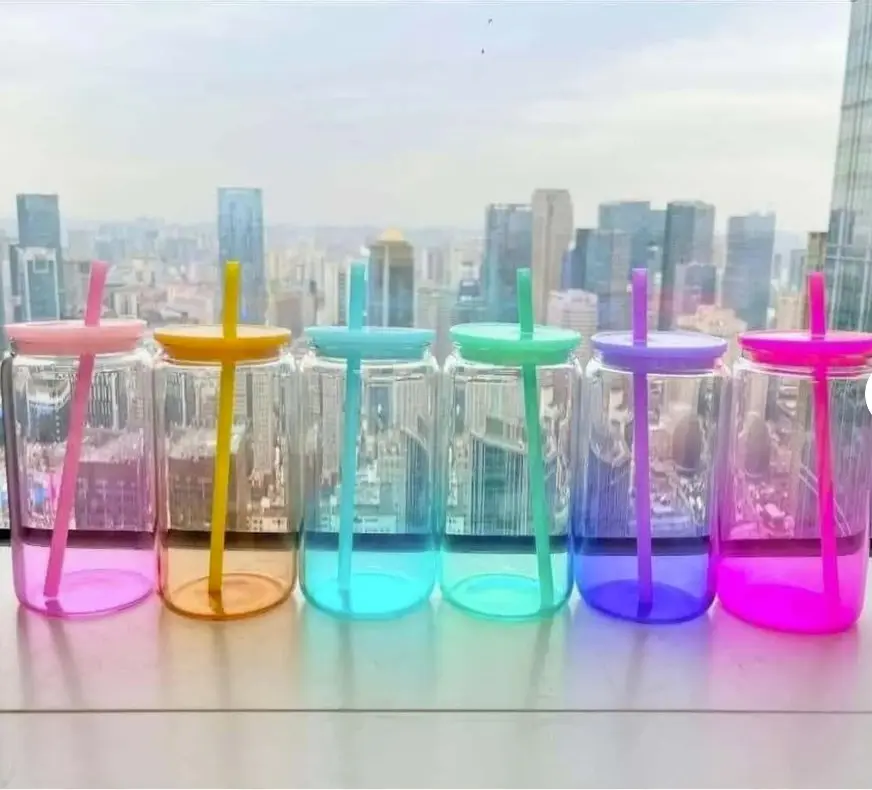 16oz Ombre Color glass cup with color lid