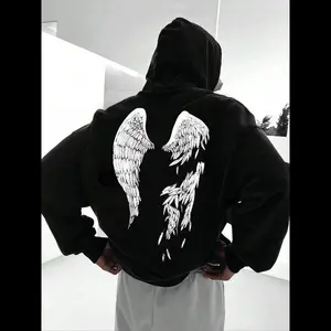 Men’s Wings Print Drop Shoulder Hoodie, Street-Trendy Fashion Drawstring Pocket Hooded Sweatshirt for Everyday Wear, Men’s Tops for Spring & Fall