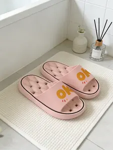 1 Pair OK Letter Printed Hollow Massage Thick Sole Slippers, Minimalist Vitality Style, Non-slip Soft Sole, Quick-dry for Bathroom, Indoor & Outdoor Dual-use, Open Toe Slides, Bathroom Casual Slippers