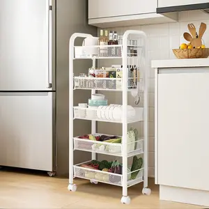 Fruit Vegetable Storage Cart, 5 Tier Stackable Metal Mesh Storage Basket with 360 Degree Wheels, Fruit Vegetable Produce Basket Storage Organizer for Kitchen, Pantry, Bathroom White