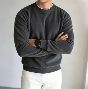 Men’s corduroy crewneck sweatshirt for spring/autumn, solid color, casual versatile long-sleeve pullover sports shirt, comfortable fabric, round neck