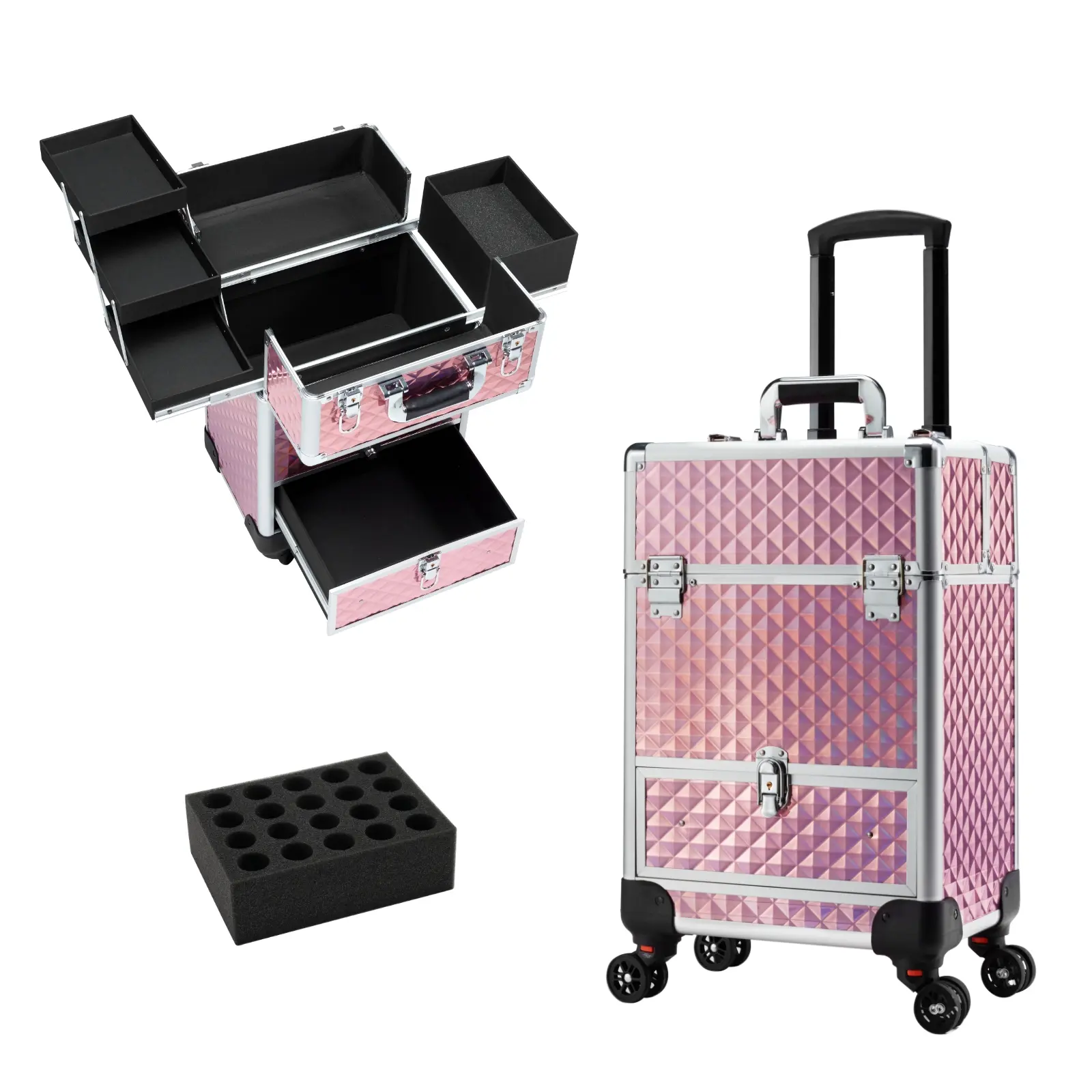 Professional Makeup Rolling Case with Sliding Drawer Large Capacity Cosmetic Trolley Organizer Protable Salon Barber Box with Trays