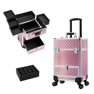 Professional Makeup Rolling Case with Sliding Drawer Large Capacity Cosmetic Trolley Organizer Protable Salon Barber Box with Trays