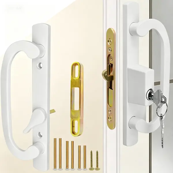 Sliding Door Handle Set for Patio Glass, 45° Keyway Offset Lock, Zinc Diecast Interior Exterior Pulls, Fits 3-15/16" H.C., 1-3/8" to 2-1/4" Thick Doors, Non-Handed White, Keyed Alike