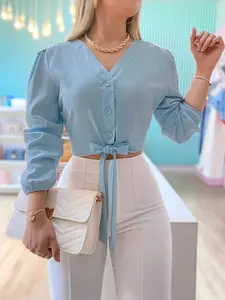 Women's Waist-Tied Fitted Short Shirt, Blouse, Casual Elegant Top, Solid Color, Stylish and Comfortable, Perfect for Daily Wear