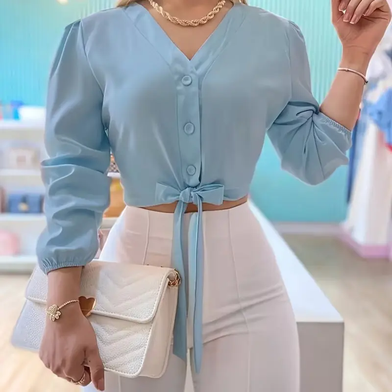【Black Friday】Women's Casual Fashion Fitted Tie Front Crop Blouse, Elegant Stylish Solid Color Shirt, Comfortable Fabric, Perfect for Daily Wear