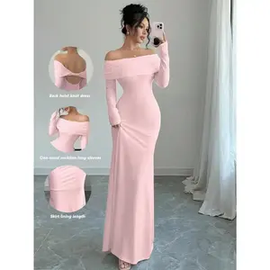 Elegant slim fit long sleeved waistband double layered off shoulder no back twisted fish tail hem ribbed knit dress, white, autumn and winter Maxi women's clothing fabric formal women's clothing comfortable chic workwear polyester
