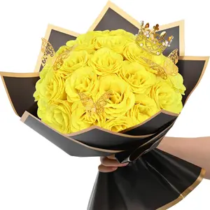 Valentine's Day Artificial Flowers Glitter Roses Bouquet, Artificial Bouquets, DIY Yellow Flowers Bouquet, Everlasting Artificial Rose Bouquet for Anniversary, Wedding, 24 Roses, Christmas Decoration