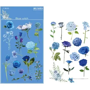 2 Sheets Transparent Blue Rose Hydrangeas Flowers Green Leaf Vinyl Stickers Clear Decals for Scrapbooking Crafts Envelopes Water Bottles Wall Cars Journal Cups Tumblers Planner