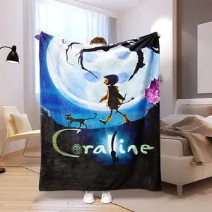 Coraline cartoon theme printed plush blanket, soft and comfortable - perfect for car, bed, sofa, office - suitable for all seasons