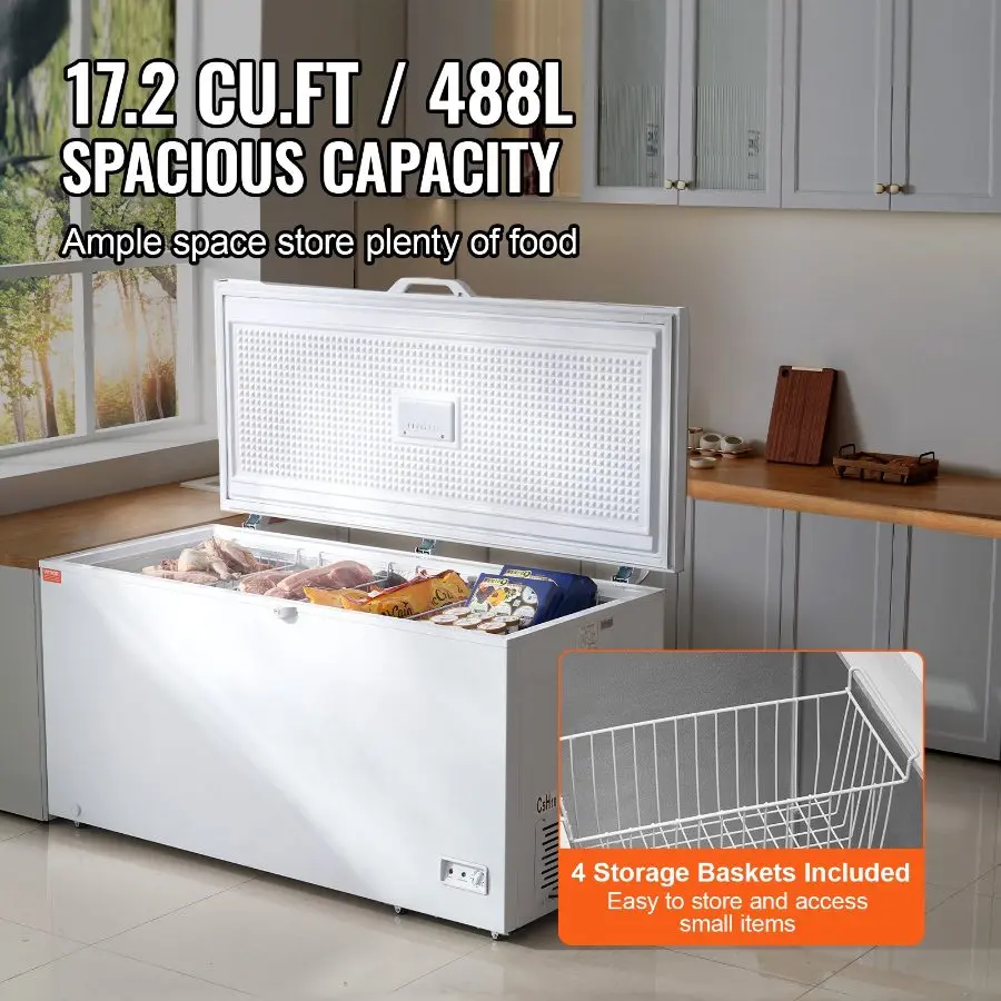 VEVOR Chest Freezer, 17 Cu. ft Freestanding Top Open Door Commercial Chest Freezers, Large Deep Freezer with 4 Removable Baskets, Locking Lid, Adjustable Temp for -18.4-10.4/32 to 50, LED Lighting, 6 Wheels