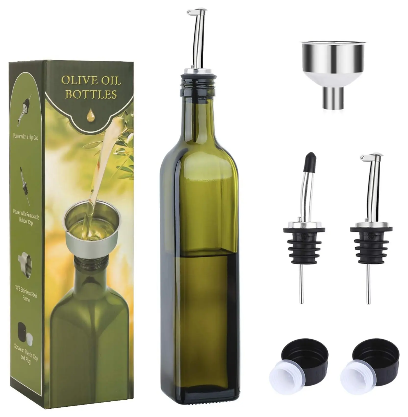 17oz Glass Olive Oil Bottle Dispenser ，500ml Green Oil and Vinegar Cruet With Pourers and Funnel ， Olive Oil Carafe Decanter for Kitchen