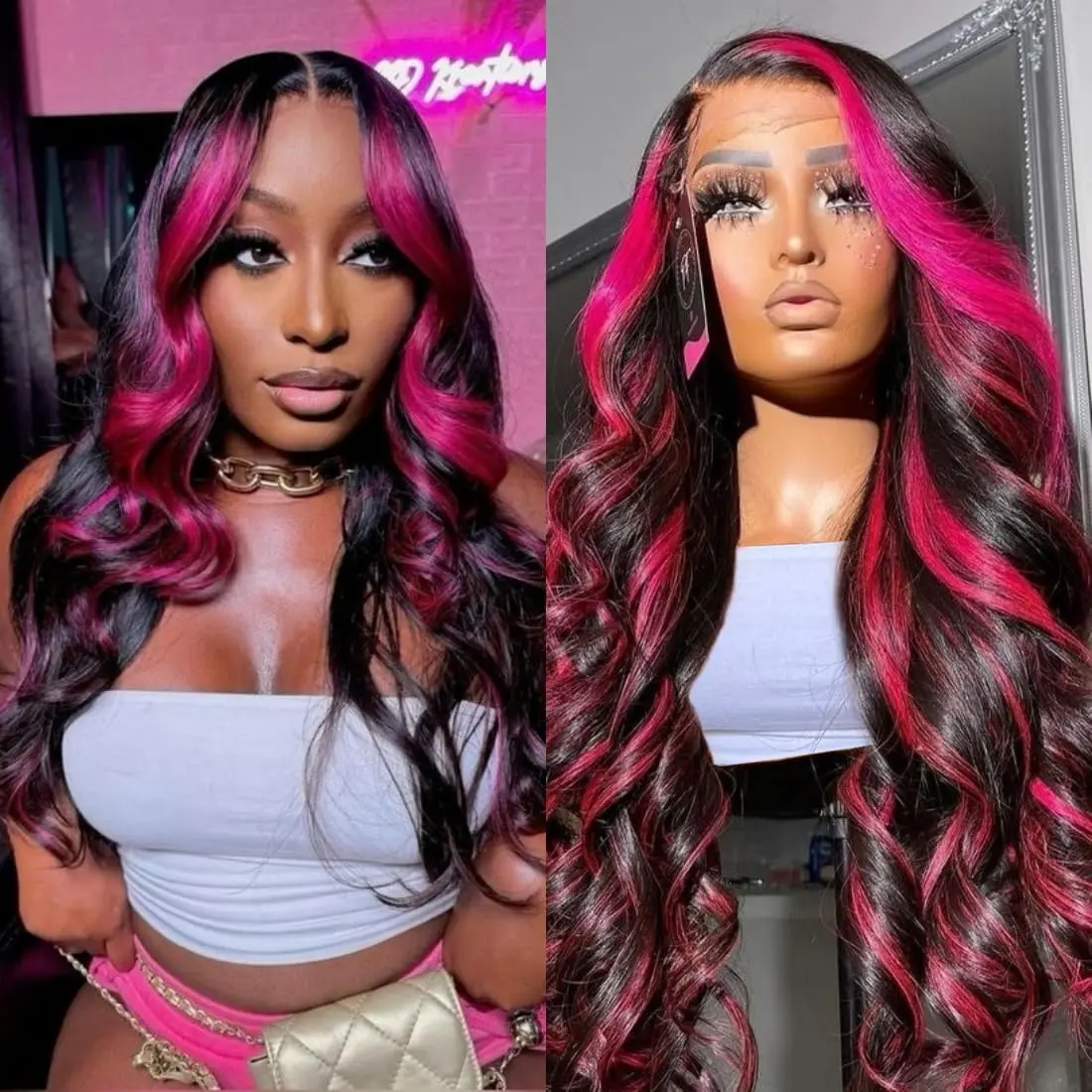Ombre 13x6 Lace Front Wigs Human Hair Pre Plucked 180% Density Skunk Strip Highlight Wig Human Hair Pink And Black Wig HD Lace Frontal 1B/Pink Colored Wigs dealsforyoudays