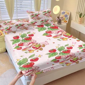 3-Piece Strawberry Girl Cartoon Bedding Set, Anti-Slip Dust-Proof Soft Bedroom & Dormitory Bed Linen, Includes 1 Fitted Sheet and 2 Pillowcases