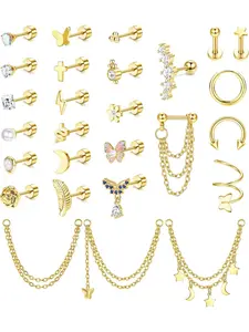 27 Pcs Diverse Golden Flat Back Earrings for Women Men Hypoallergenic Stainless Steel Alloy Copper Skin-friendly Safe for Long-term Wear Versatile Ear Stud Stacking Set Exquisite Chain Dangle Designs Perfect for Cartilage Tragus Daith Helix Piercings