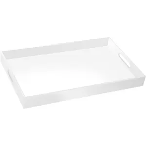 18x16 Inch Glossy White  Serving Tray with Handles  Ottoman Tray Decorative Tray Spill-Proof Coffee Table Space Saver Oversize Counter top Organizer Platter with Safe Edge
