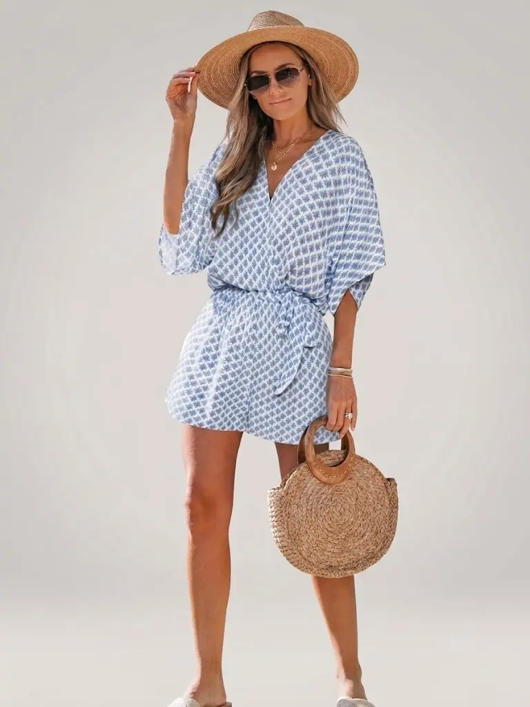Women's V-Neck Romper, Chic Geometric Floral Print Playsuit with Belt, Button Front, Above the Knee for a Summer Beach Holiday, Belted Casual Blue, Waist Belt Womenswear Overalls Sleeves Style White Fitted