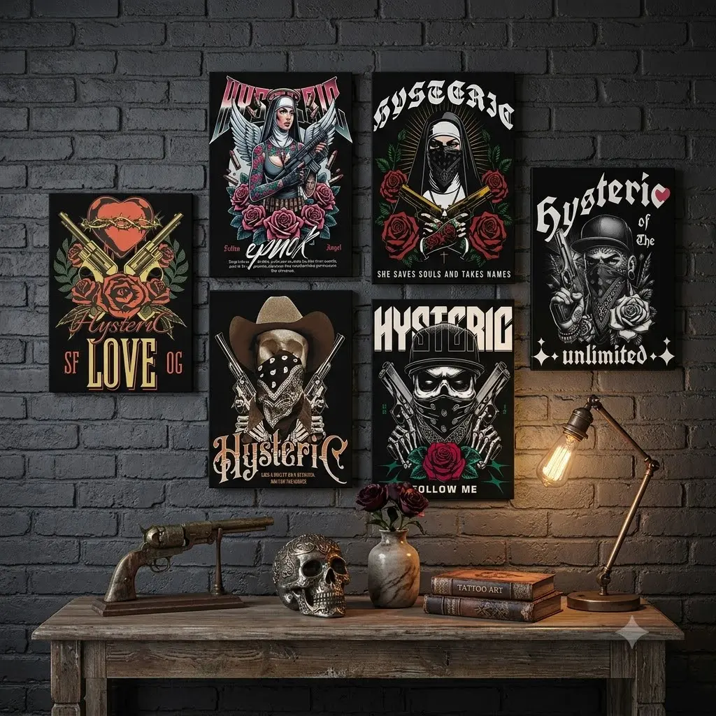 Hysteric Chicano Dark Tattoo Art Canvas Wall Art Set, Masked Nun Cowboy Skull Gun Rose Vintage Gang Portrait Poster Bundle, Black Background Old School Tattoo Print, Masculine Garage Bar Man Cave Teen Bedroom Decor, Gift For Chicano Street Tattoo
