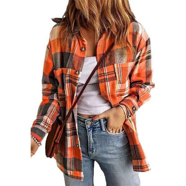 Flamingals Plaid Pattern Patch Pocket Button Front Shirt for Women Casual Long Sleeve Top