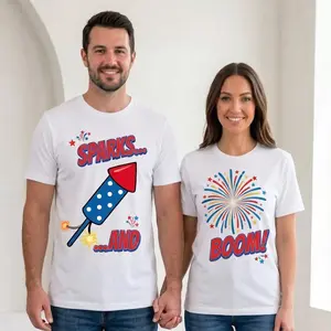 Matching Couple 4th of July T-Shirts: 'Sparks... AND BOOM!' Patriotic Fireworks & Rocket Graphic Tees for Him and Her - Independence Day Summer Shirts