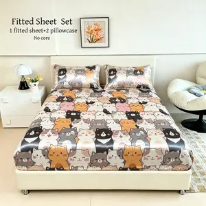 3pcs Satin Fitted Sheet Set, Cute Cat and Dog Print Bedding, Envelope  Pillowcase, All Seasons Use, No Pillow Insert