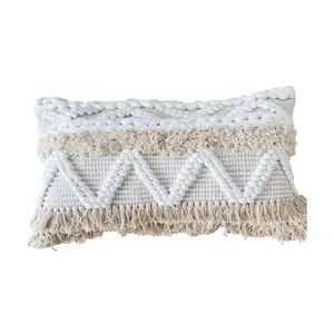 'Skiathos' Boho Lumbar 14"x24" Pillow cover, Scandi Boho Pillow, White and Neutral Boho Lumbar Pillow Case, White and Cream Pillow, Handwoven Bohemian Lumbar Pillow, Fringe Lumbar Pillow Cover