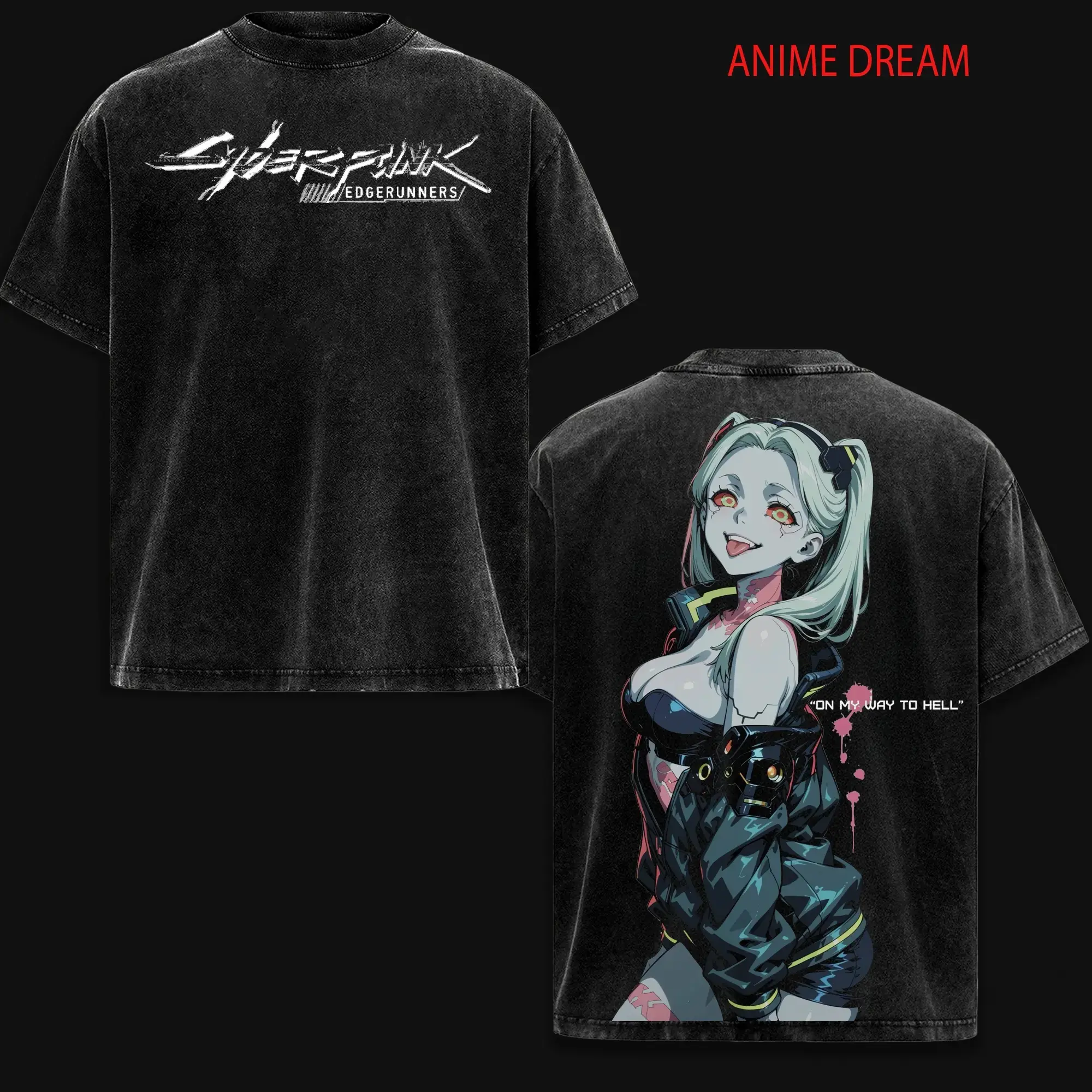 Rebecca Cyberpunk Edgerunners Anime Double-Printed Vintage Washed Heavyweight Cotton Streetwear T-Shirt, Unisex Oversize Seamless Top, Men's Apparel, Tshirt, Shortsleeve, Breathable, Clothes, Classic, Fabric, Menswear, Oversized