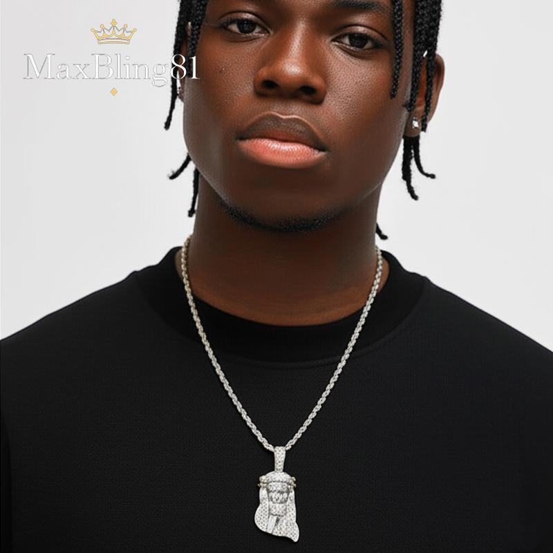 Religious Jesus Iced Pendant & 4mm 18" 20" 24" Rope Chain Hip Hop Style Necklace Jewelry Unisex Men Women