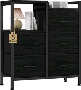 Furnulem Nightstand with Drawer, 5 Drawers Nightstand with Open Shelf for Bedside Storage, Unit Organizer Furniture for Entryway, Living Room Bedroom, Fabric Bins,Wood Desk Table (Black Oak)