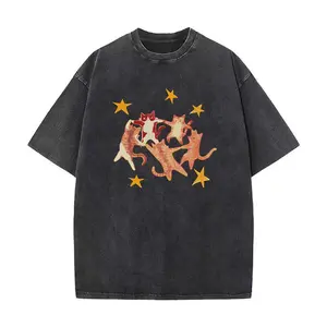 Five Cats Unisex Vintage Washed T shirt Oversized Colorful Streetwear Featuring Natural and Animal Planet Prints