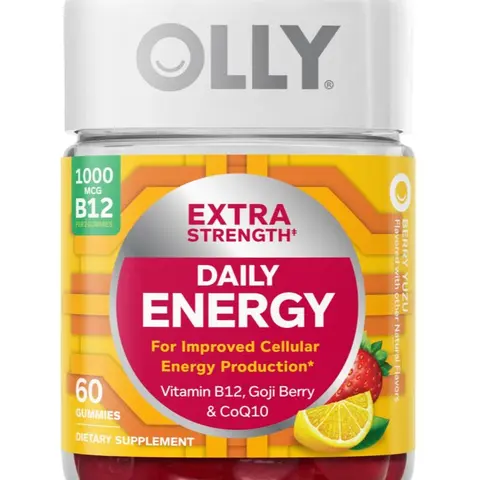 OLLY Extra Strength Daily Energy Dietary Gummy - Caffeine Free, 1000mcg B12 Rich Vitamin B12, CoQ10 Support, Goji Berry, Adults Chewable Supplement, Berry Yuzu Flavor, 60 Count, Energy Boost, Better for You Candy