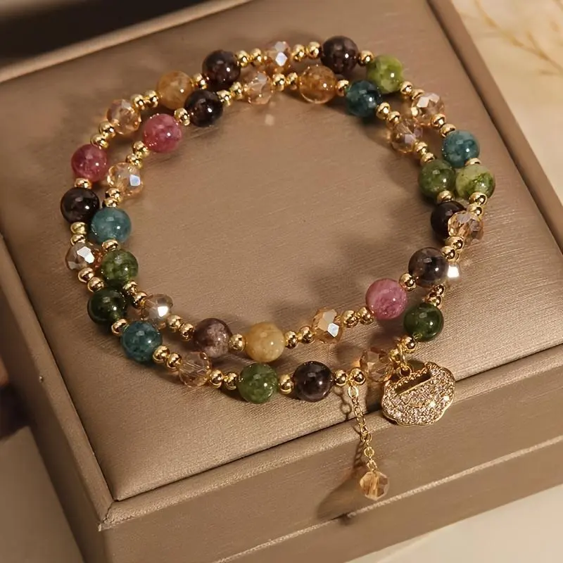 High-End Double Layer Rainbow Tourmaline Round Beads , Bohemian Style  with Delicate Longevity Lock, Unique Jewelry for Women attraction moneyBohemian Colorblock Crystal Braceletbohemian jewelry