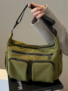 Women's Solid Color Multi-pocket Crossbody Bag, Fashionable Casual Versatile Zipper Shoulder Bag, Trendy All-match Large Capacity Commuter Bag