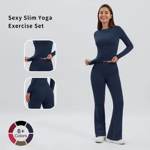 Tenwolf Women's Sports Suit 2025 Autumn Winter New Two-Piece Long Sleeve High Waist Flared Pants Tight-Fitting Exercise Outfit Slim Fit T-Shirt Versatile Yoga Clothing Soft Skin-Friendly Casual Set
