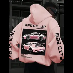 Men's Car & Letter Print Pocket Drawstring Hoodie, Loose Casual Drop Shoulder Long Sleeve Hooded Sweatshirt, Men's Fall & Winter Clothes