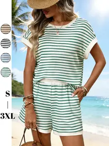 Women's Striped Knit Short Sleeve Shorts Set, Womenswear, Casual Summer Homewear, Stripe, Beach Vacation Style, Outdoor Wear Sleepwear