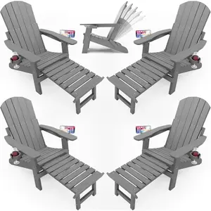 Folding Adirondack Chair Set of 4 with Footrest, Adjustable Adirondack Chair with Retractable Ottoman & 2 Cup Holders, 5-Level Adjustable Adirondack Chairs for Outdoor, Pool, Patio, Fire Pit