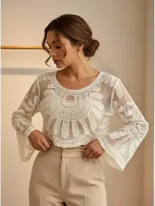 Women's Long Sleeve Round Neck Boho Lace Top Floral Embroidered Mesh Cover Up