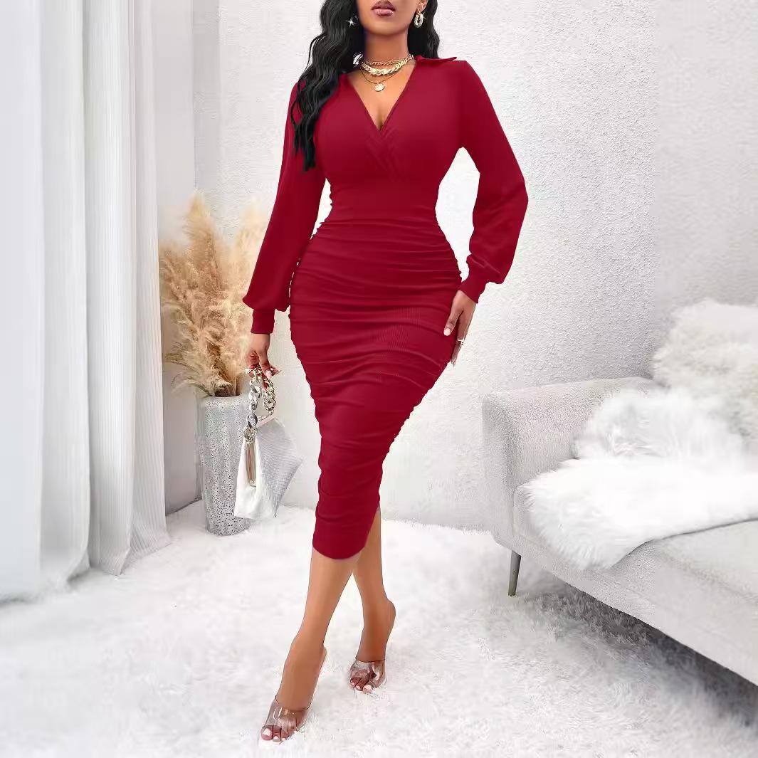 Women's Elegant Casual Chic Side Ruched Long Sleeve Slim Fit Bodycon Midi Dress for Autumn Fashion