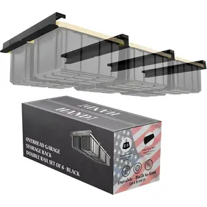 Overhead Garage Storage Rack, Connectable Heavy Duty Metal Ceiling Rails For Garage Storage Organization Shelving System, Hanging Racks For Tote Containers, Supports Up To 6 Bins, 4 Sets Black