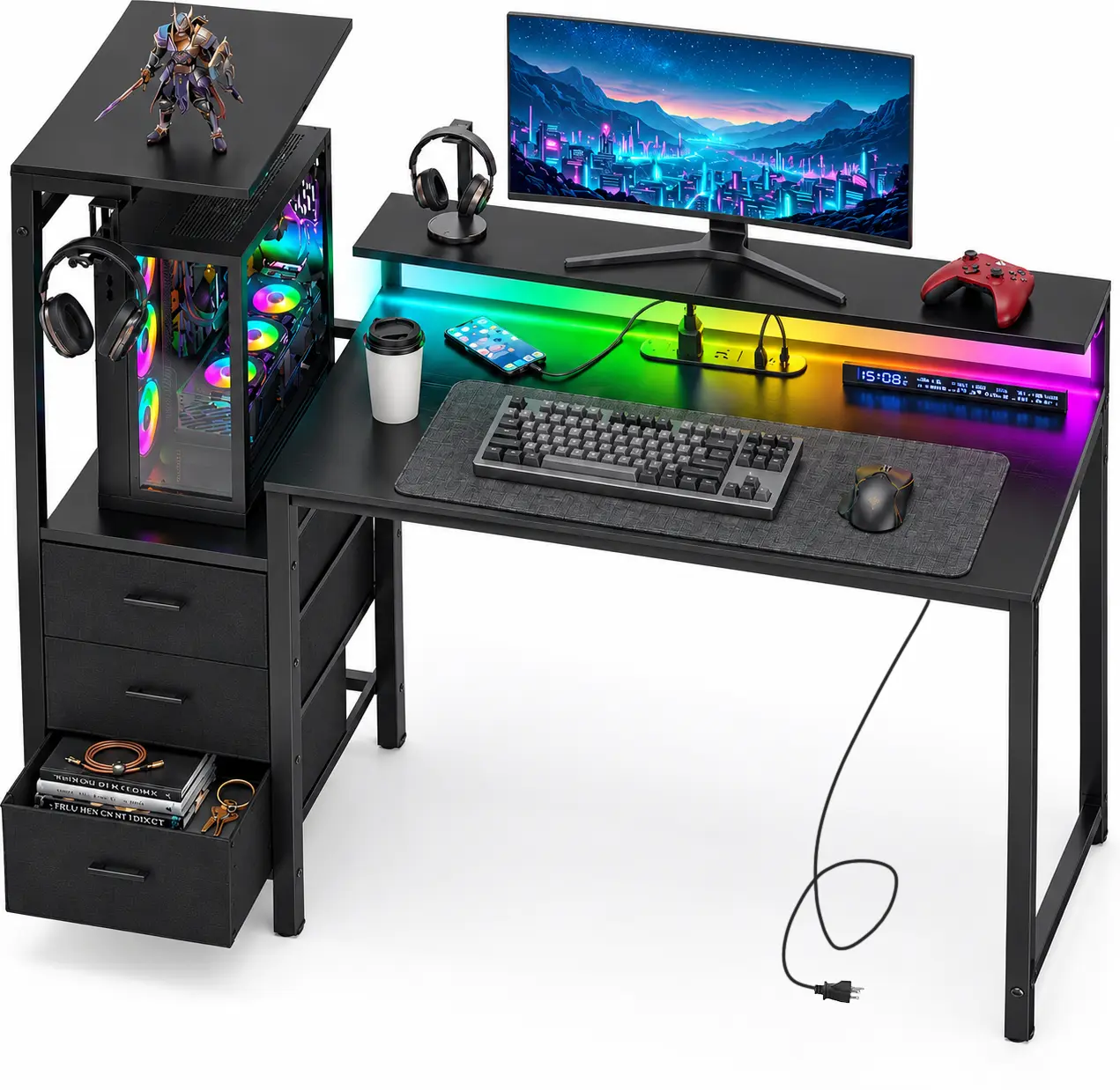 60-Inch Gaming Computer Desk - LED Lights, Power Outlets (2 AC, 2 USB-A, 1 USB-C), 3 Fabric Drawers, Monitor Stand, Full-Tower PC Case Stand, Side Hooks for Home Office Study familyfun