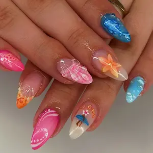 3D Almond Nail Tips Set, 24pcs Floral Rhinestone Design, Nail Charms, Nail Art Supplies, European & American Style, Perfect for Cross-Border Sales, Single Pack