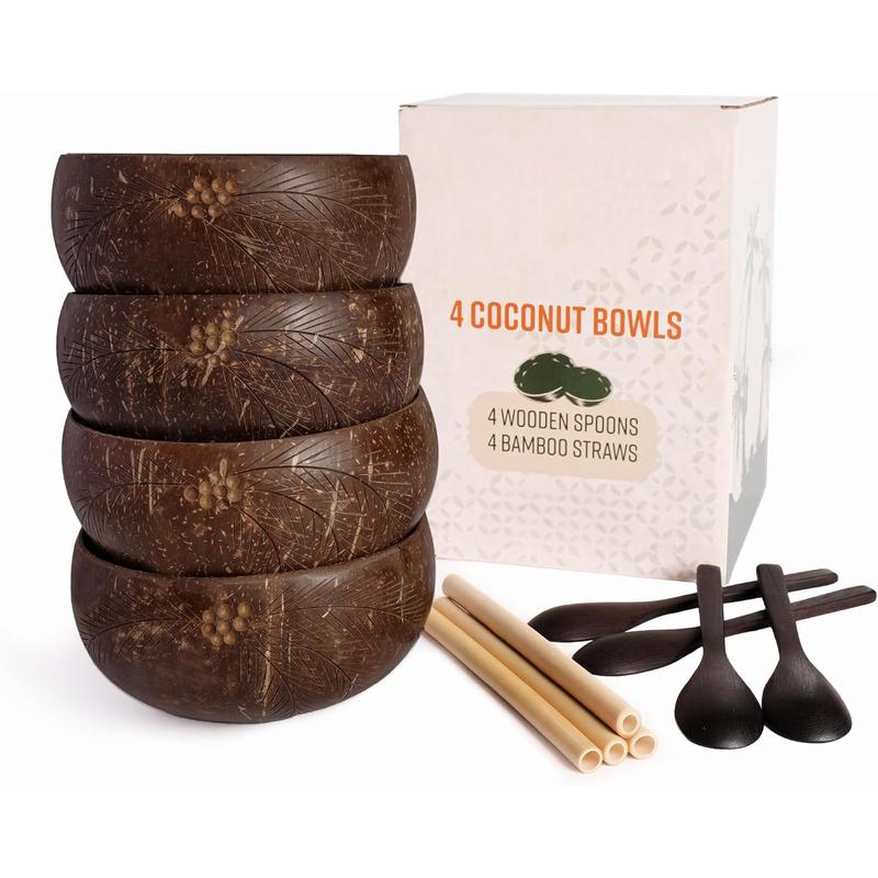 Coconut Bowl with Wooden Spoons and  Straw - Vegan , Made from   Coconut Shells for Smoothies, Acai & Buddha Bowls (4, Leaf)