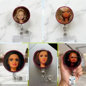 Funny Barb Cringe Face Dark Magenta Sparkly Retractable Badge Reel Cute Meme Acrylic ID Holder For Nurse Teacher Office Gag Gift