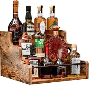 Liquor Bottle Display Shelf, Coffee Syrup Rack Organizer, 3 Step Countertop Liquor Wine Rack, mini bar,liquor cabinet, Home Retro Bar Shelf Stand for Liquor Whiskey, Spirits