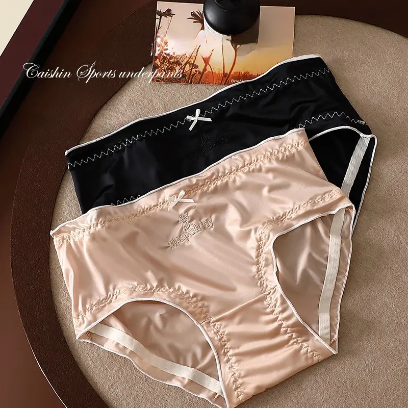 Women's Embroidered Retro Court Style Seamless Panties - Lady-Fit, Mid Waist, Light, Spandex Cotton, Polyamide Satin Oiled Cloth, Bacteriostatic Crotch, Fast Drying, Soft Double-Layered, Breathable, Multi-Size, All-Seasons, Flowers Bows Underwear, Embroid