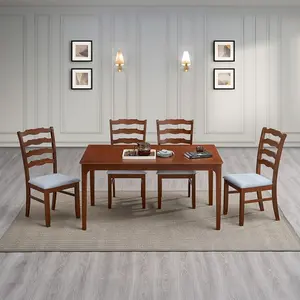ACTU-Solid Wood Rectangular Dining Table Set with Upholstered Ladder-Back Chairs Set for 4, Cherry Finish
