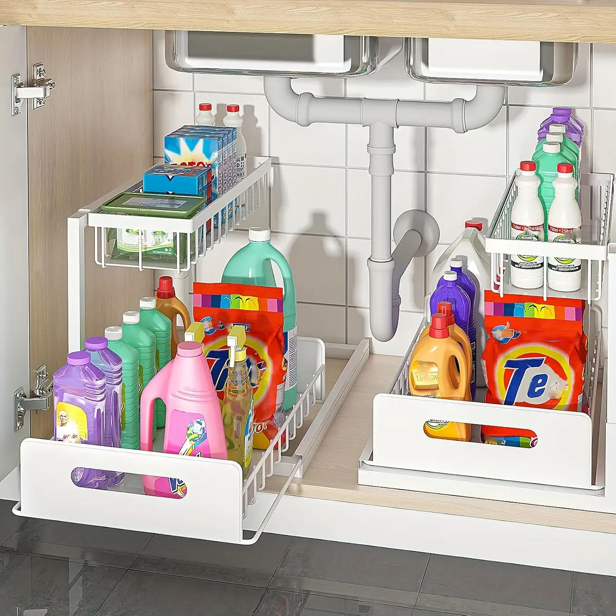Under Sink Organizers, Metal Pull Out Under Sink Organizers And Storage Shelves with Sliding Drawer, Under Sink Storage for Kitchen, Bathroom (1pack/2pack)