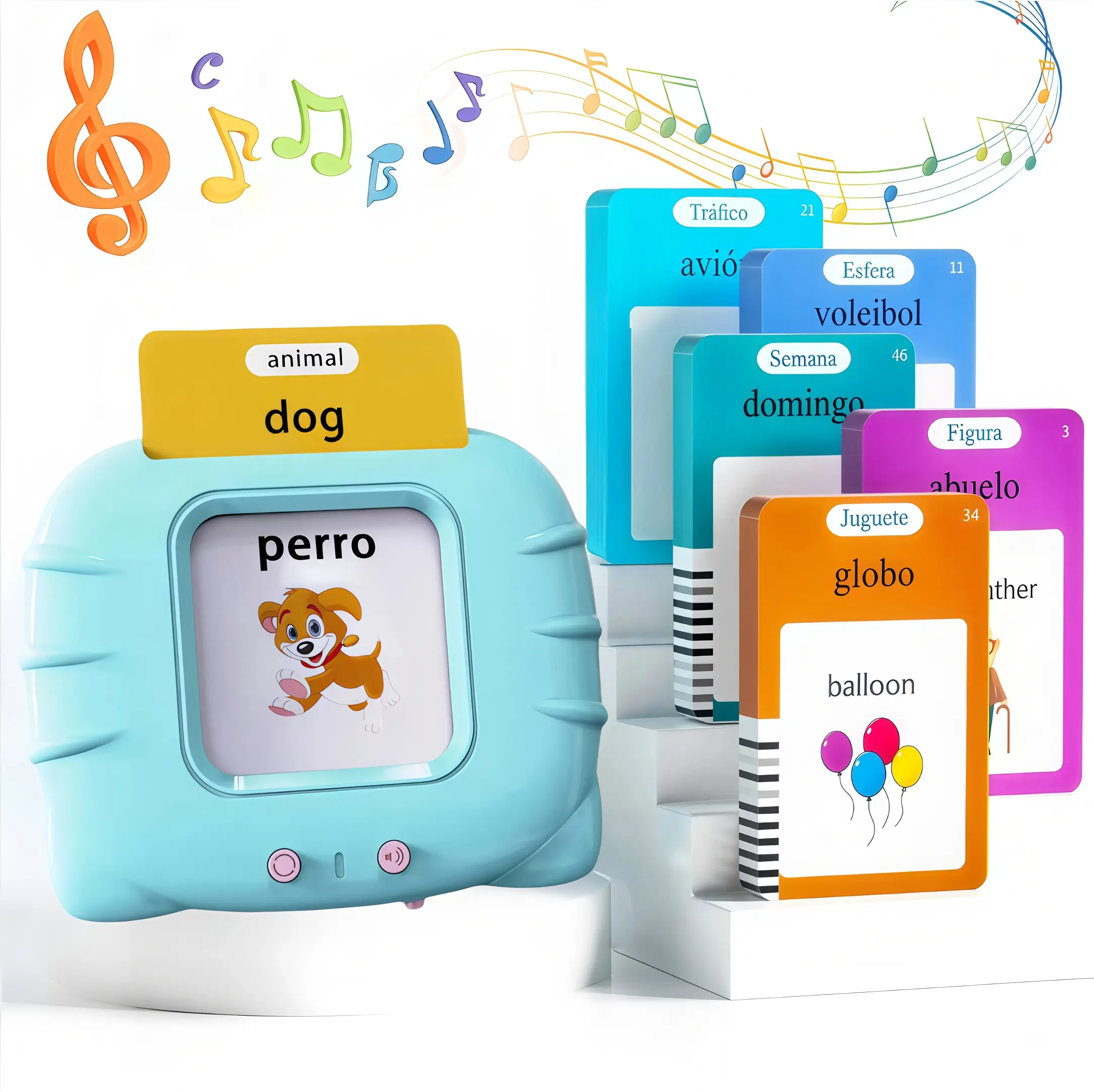 KIDGENIUS Interactive Musical Pocket Speech Toy, Bilingual English-Spanish Learning Tool with 224 Cards, Audio Playback & Pronunciations for Toddler Learning Activities, Travel Educational Toy for Ages 2-8 (Listening Comprehension Focus)